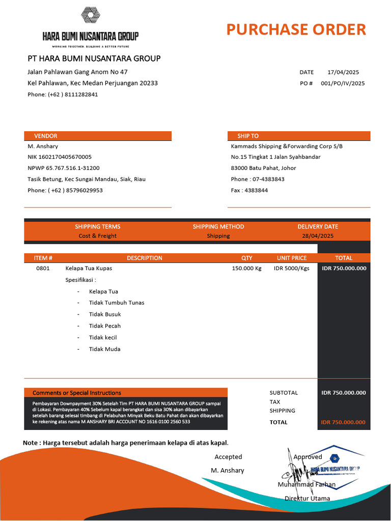 Purchase Order Kelapa Tua 2025 | PDF