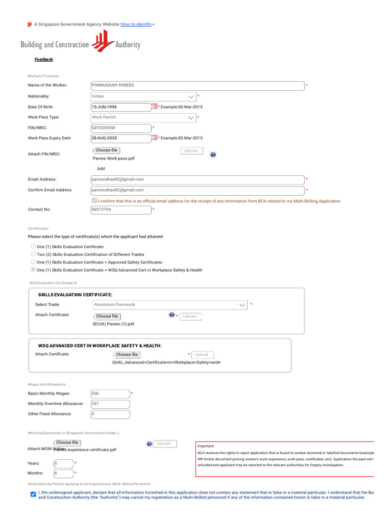 BCA Multi-Skill Certificate Application | PDF