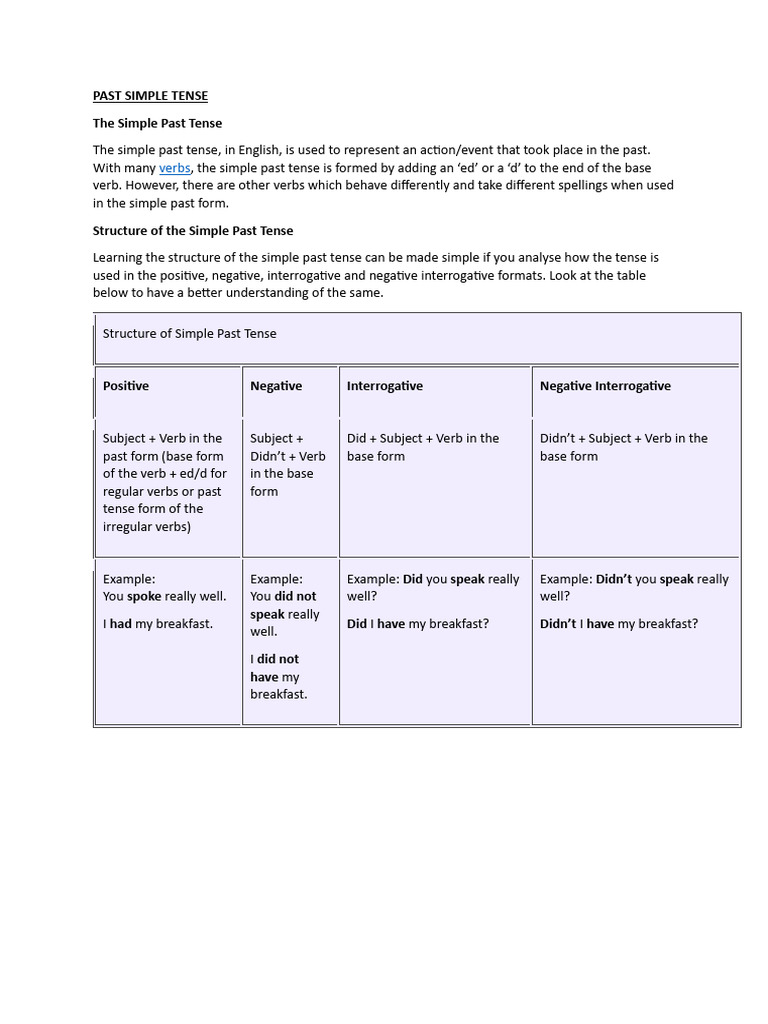 Understanding the Simple Past Tense | PDF | Grammatical Tense ...