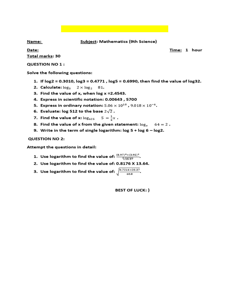 Class 9 Logarithm Questions PDF | PDF