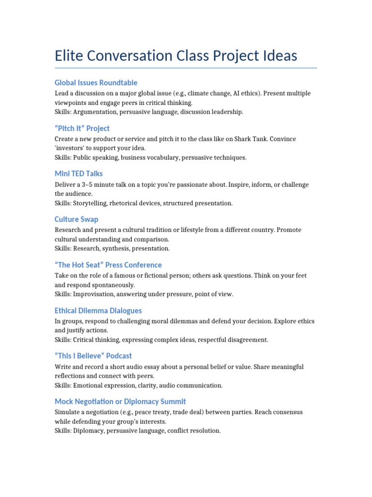 Elite Conversation Class Projects | PDF | Critical Thinking | Creativity