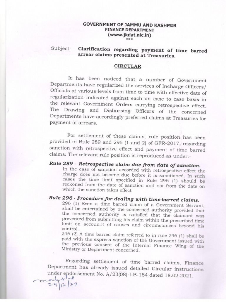 Circular 309 Clarification Regarding Payment of Time Barred Arr | PDF