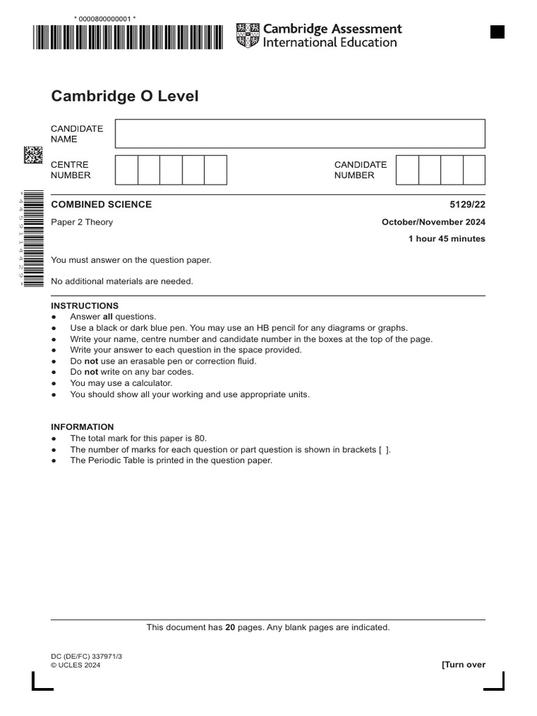 Cambridge O Level: Combined Science 5129/22 | PDF | Oxide | Leaf