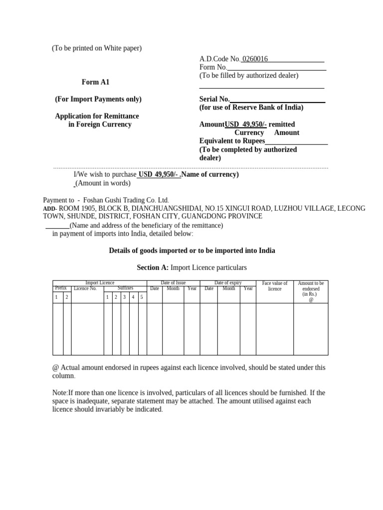 Import Remittance Application Form A1 | PDF | United States Dollar