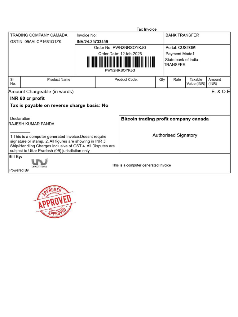 Tax Invoice for Bitcoin Trading Canada | PDF