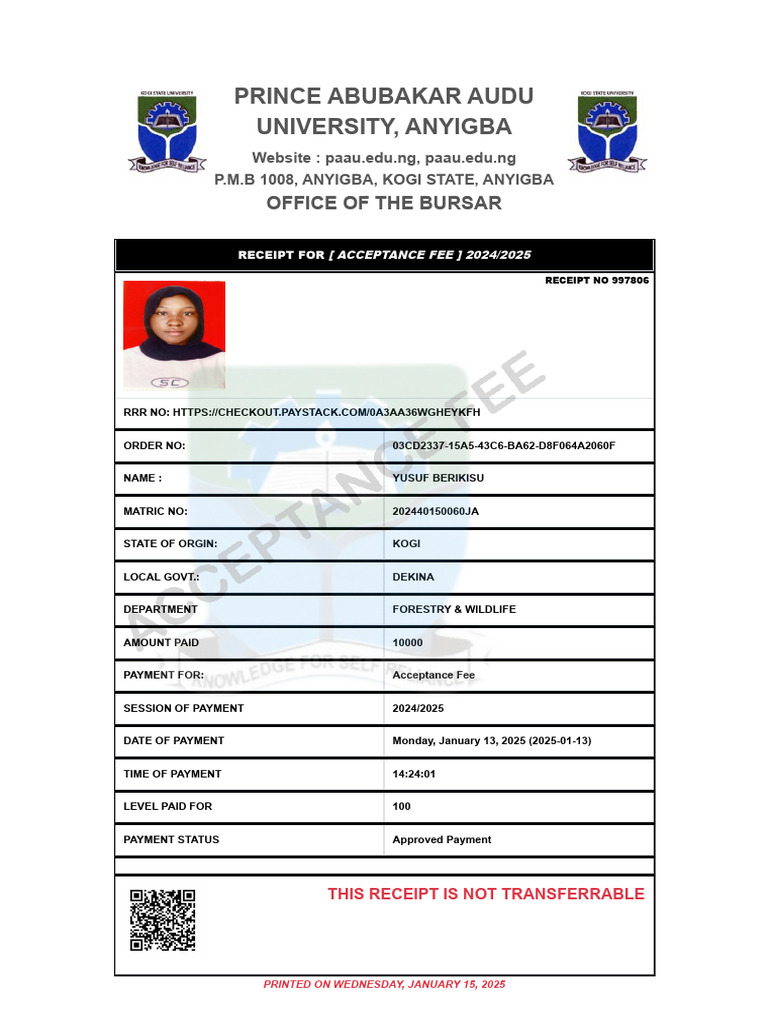 Acceptance Fee Bekky Receipt - Kogi State | PDF