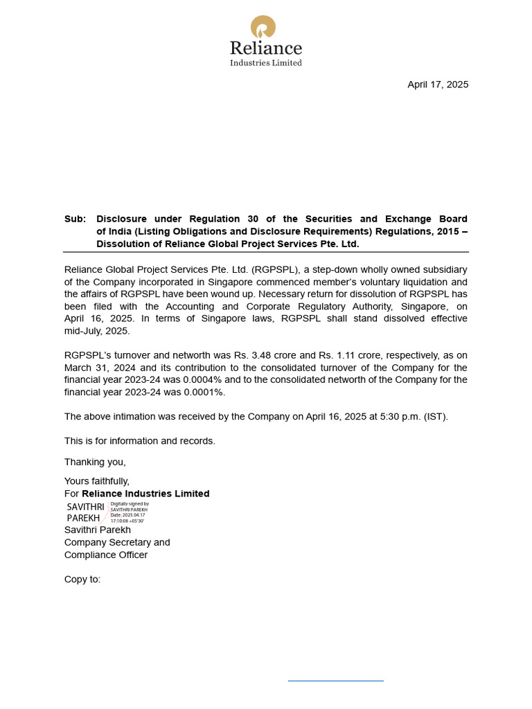 Reliance Global Project Services Dissolution | PDF | Financial Markets ...
