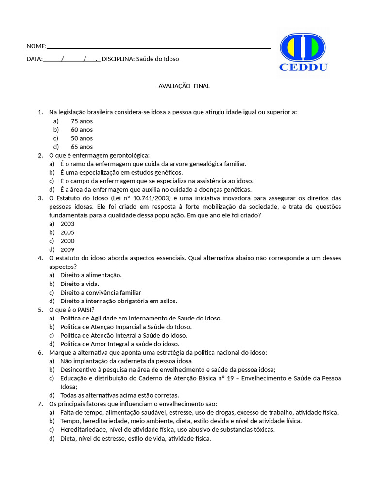 Prova de Saúde do Idoso com Gabarito | PDF | Terceira idade | Enfermagem