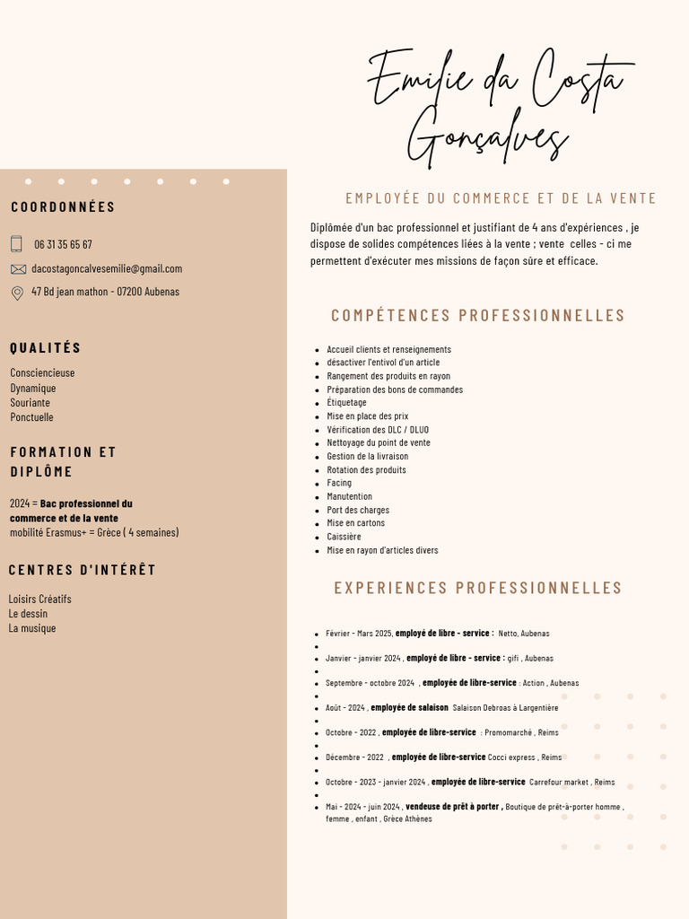 CV Professionnel Simple pastel et féminin Beige et marron .pdf | PDF