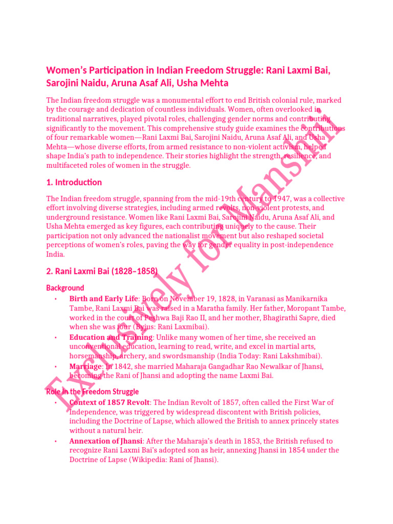 Topic 3 Women’s Participation in Indian Freedom Struggle | PDF | Indian ...