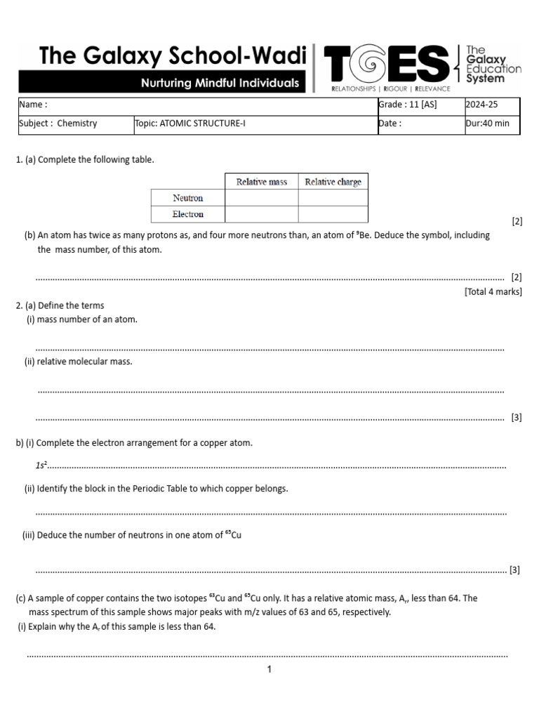 Atomic Structure-Worksheet 1 | PDF | Atoms | Isotope