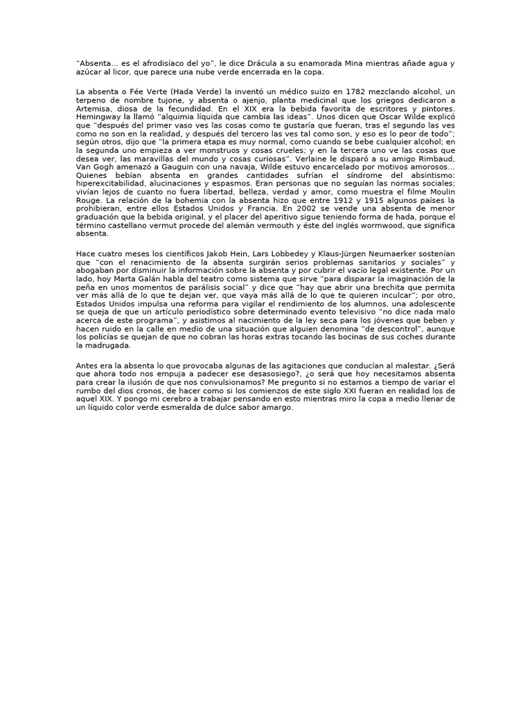 La absenta: historia y efectos culturales | PDF