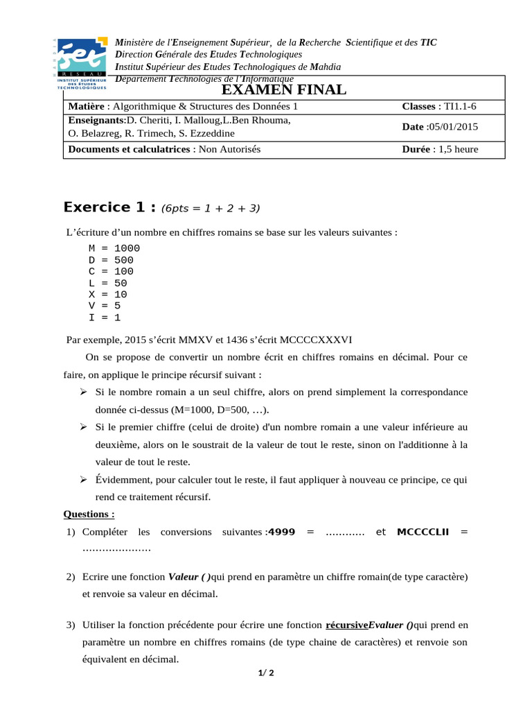 Examen Algorithmique et Structures de Données | PDF