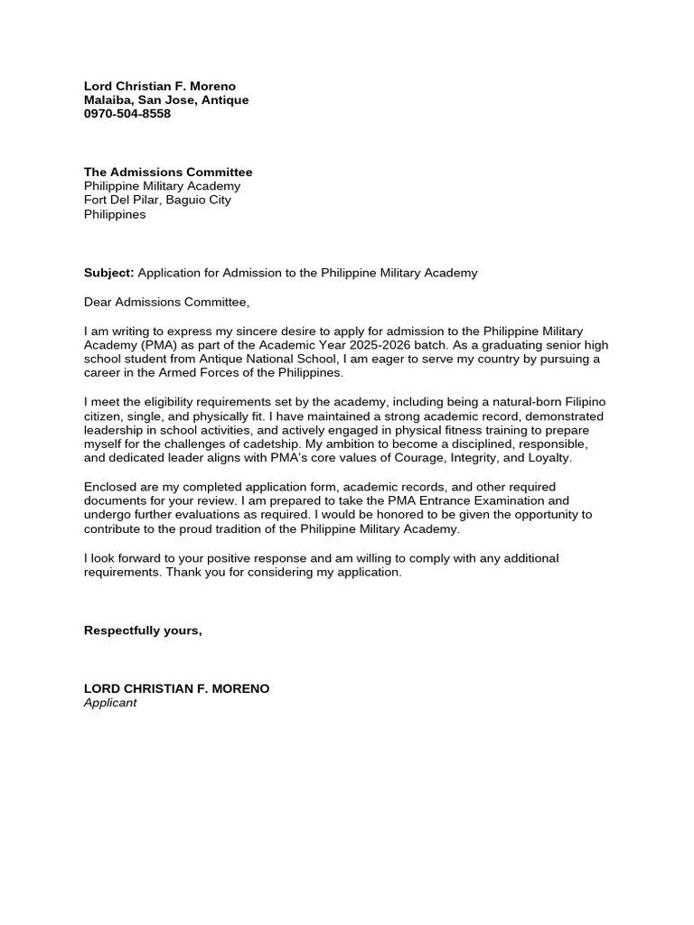 Application to Philippine Military Academy | PDF