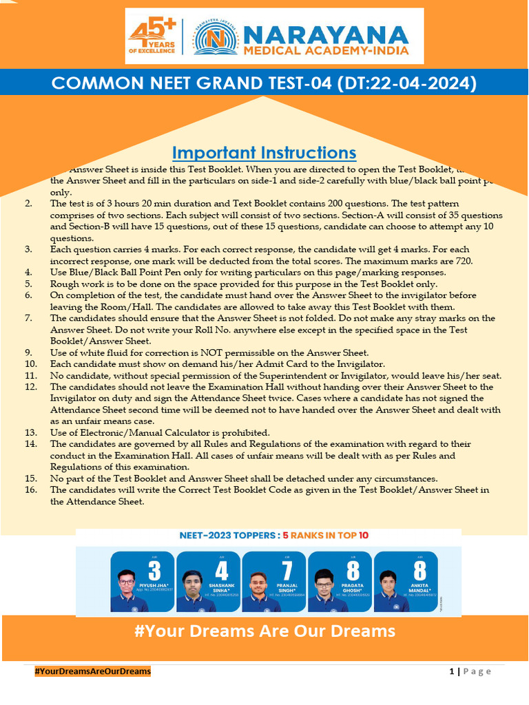 NEET Grand Test 4 Instructions & Questions | PDF | Waves | Manganese
