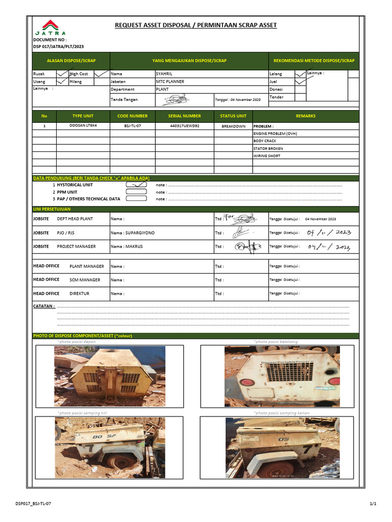 Permintaan Scrap Asset DOOSAN LT6K4 | PDF