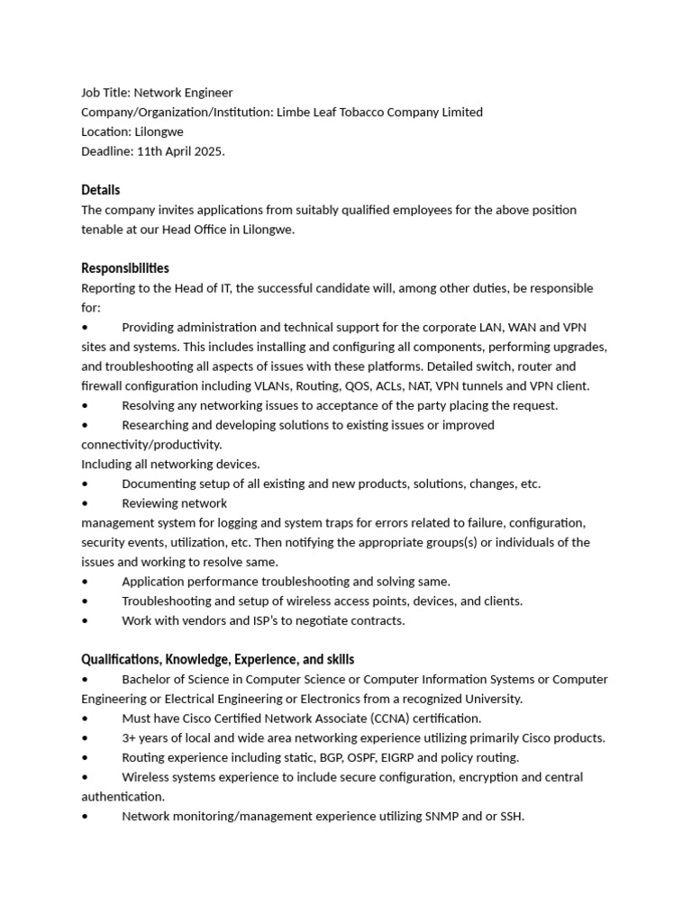 Network Engineer Vacancy at Limbe Leaf | PDF | Computer Network | Cisco ...
