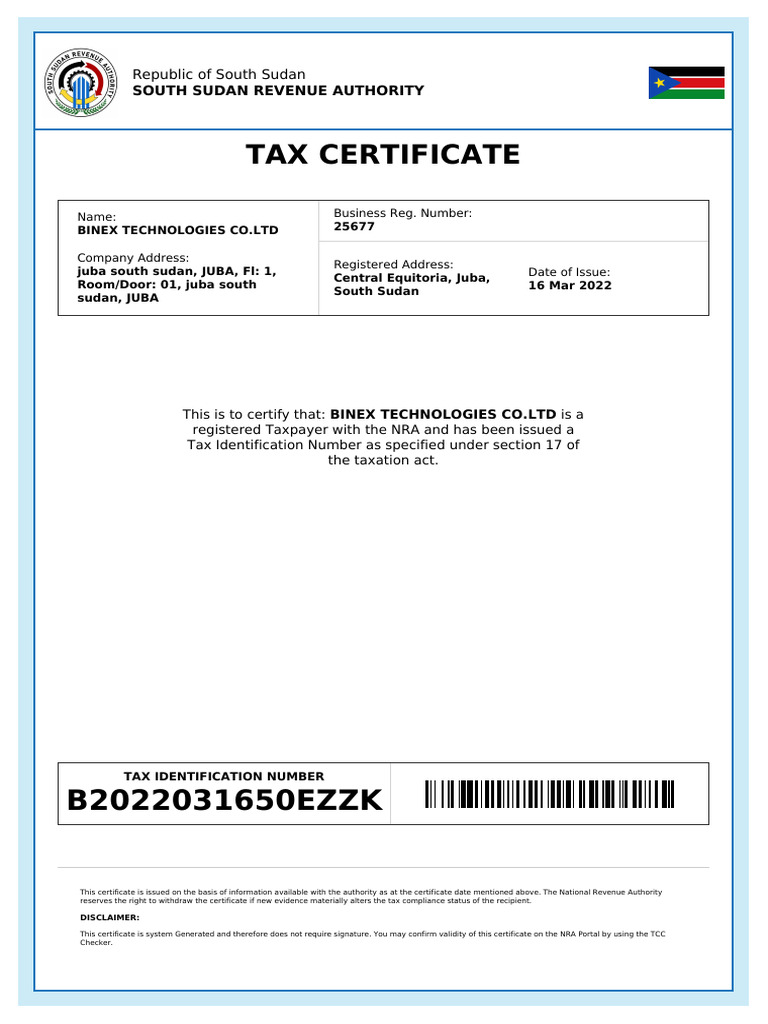 Tax Certificate: B2022031650EZZK | PDF