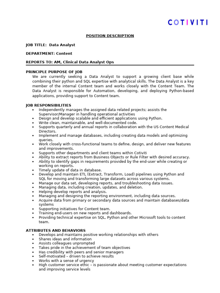 Data Analyst Position Overview | PDF | Databases | Computing