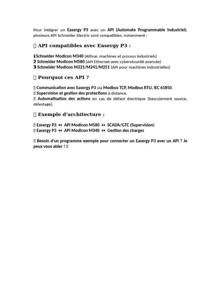 Intégration Easergy P3 avec API Schneider | PDF