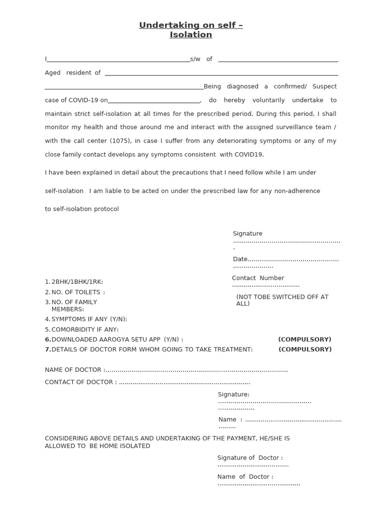 COVID-19 Self-Isolation Undertaking Form | PDF | Diseases And Disorders ...