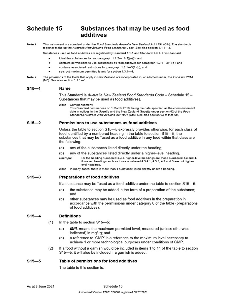 Schedule 15: Food Additives List | PDF | Cream | Curing (Food Preservation)