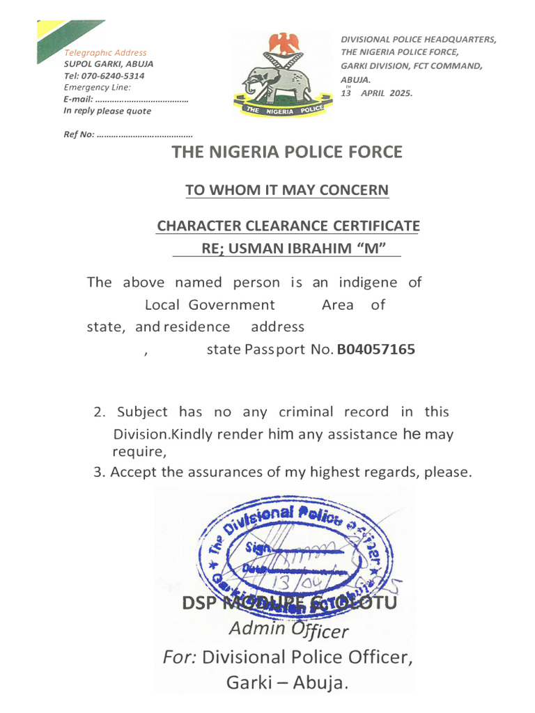 Police Clearance Certificate - Usman Ibrahim | PDF