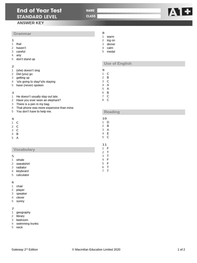 A1+ End of Year Test Answer Key Standard | PDF | Languages | Foreign ...