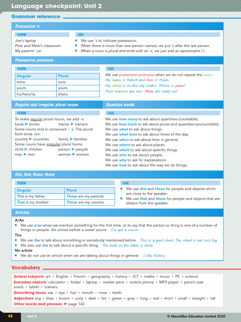 Grammar and Vocabulary Guide: Unit 2 | PDF | Plural | Noun