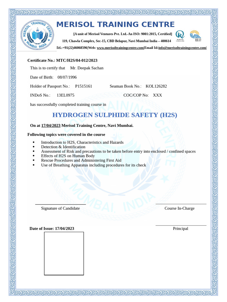 H2S Safety Training Certificate Issued | PDF