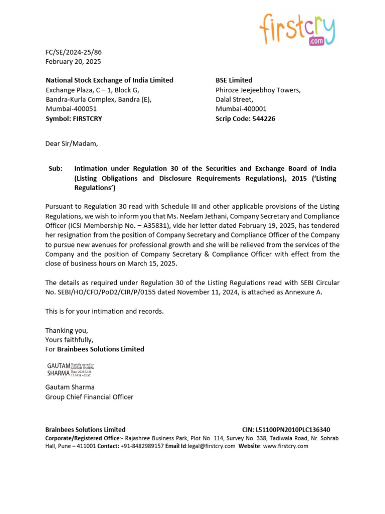 FirstCry Company Secretary Resignation Notice | PDF | Business ...