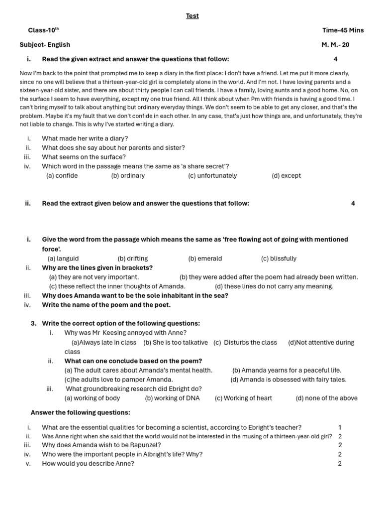 Test On The Diary of Anne Frank, Amanda and Making of A Scientist | PDF