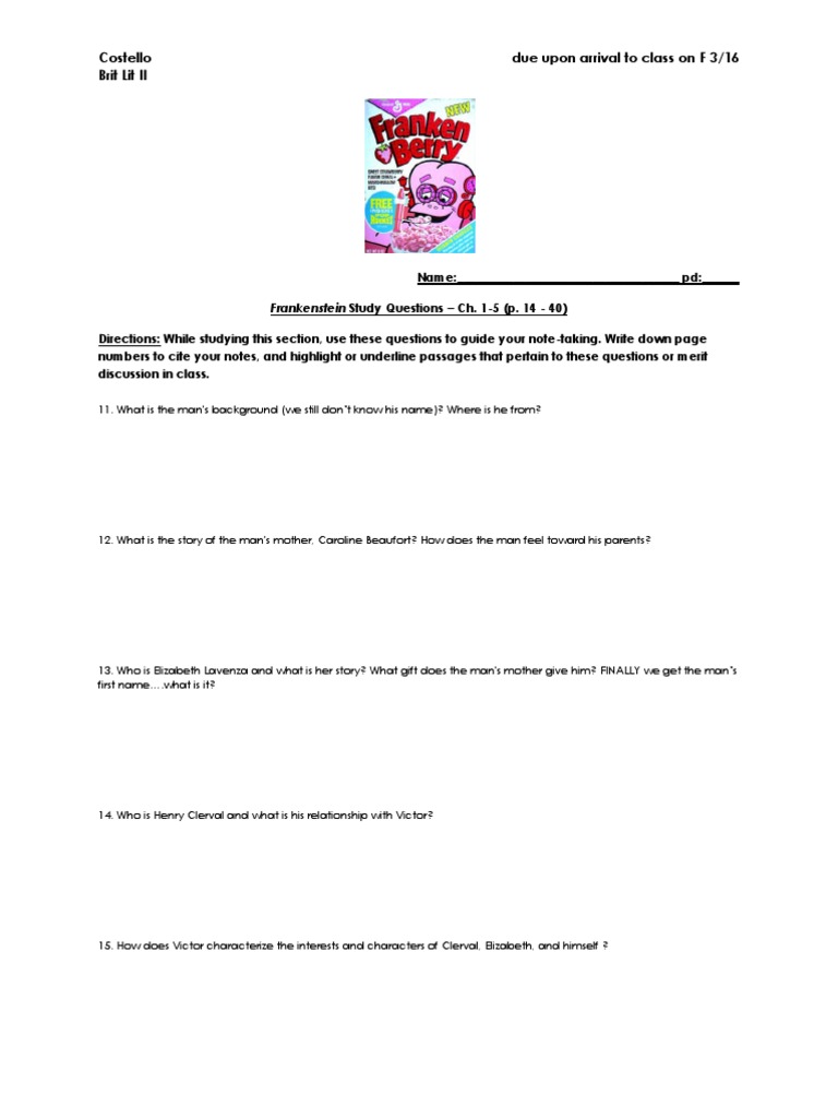 12 BL Frankenstein Study Questions CH 15 PDF Science