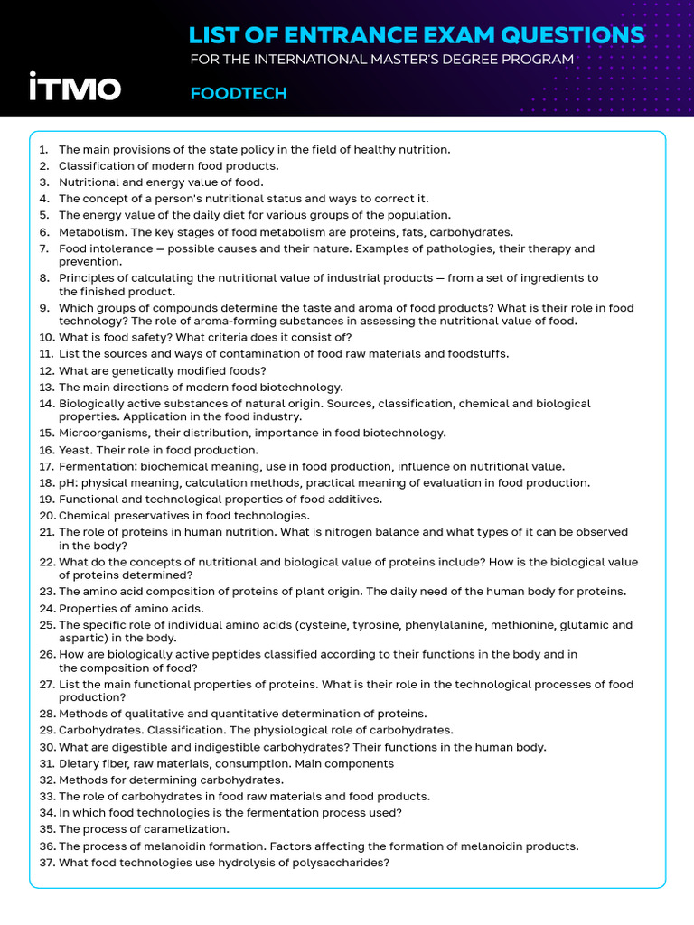 Entrance Exam Questions on Food Technology | PDF | Foods | Diet & Nutrition