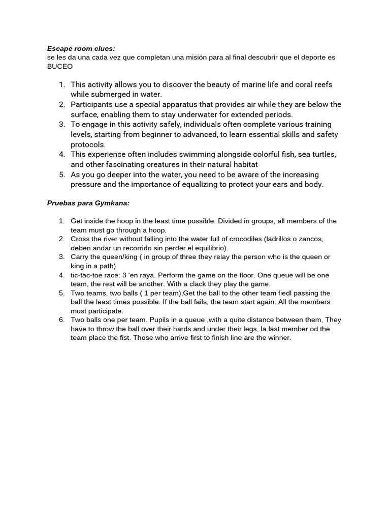 Escape Room Clues for Diving & Gymkana Games | PDF