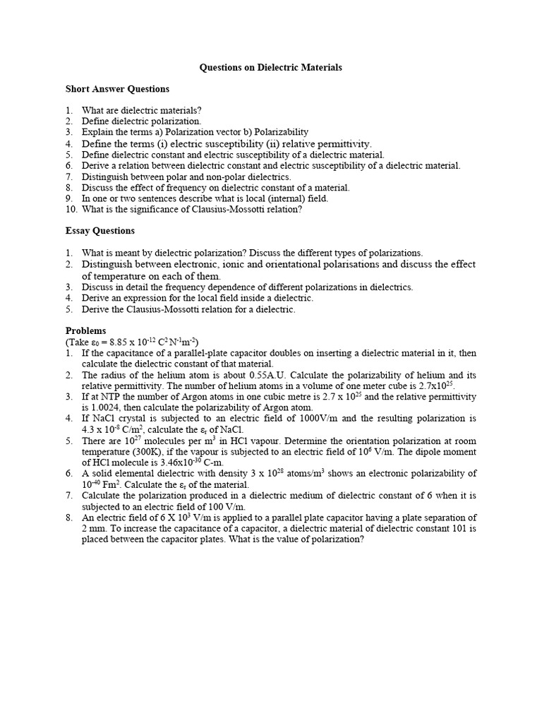 QuestionsonUnitIIIa (DielectricMaterials) | PDF | Dielectric | Permittivity
