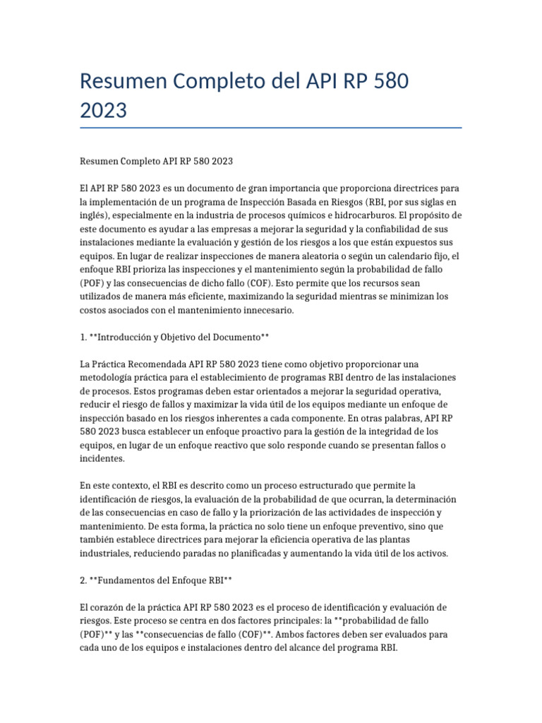 Resumen API RP 580 2023: RBI y Seguridad | PDF | Evaluación de riesgos ...