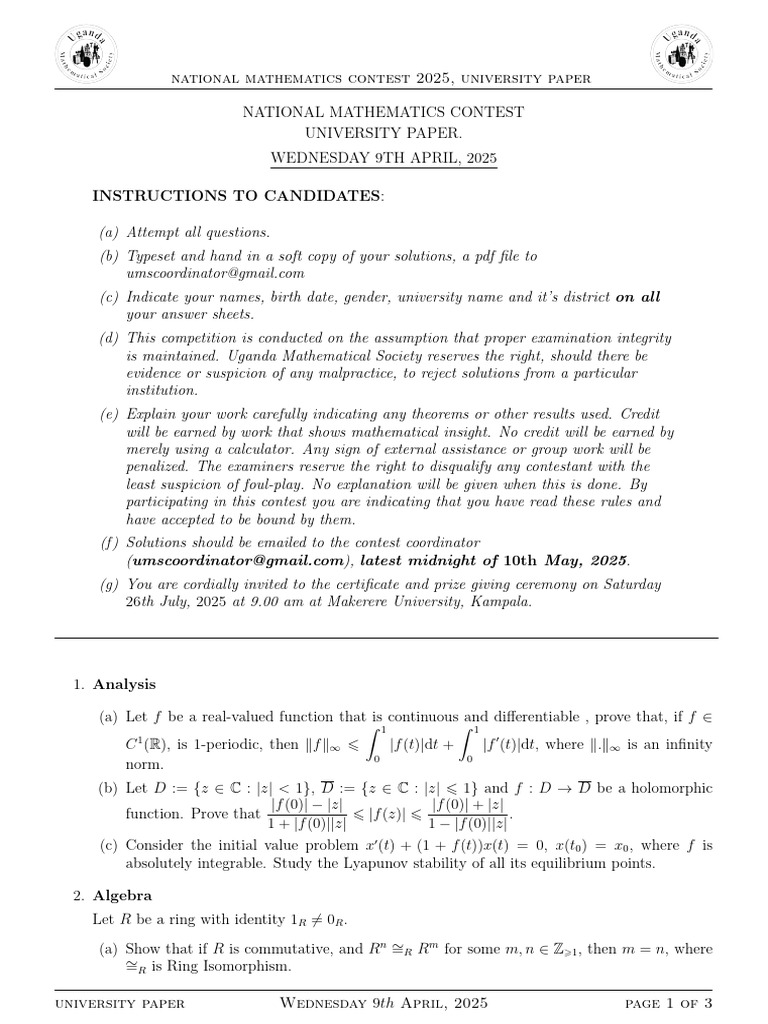 Uganda National Math Contest 2025 Paper | PDF | Ring (Mathematics ...