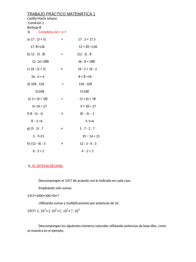 Ejercicios de Matemáticas: Operaciones y Descomposición | PDF