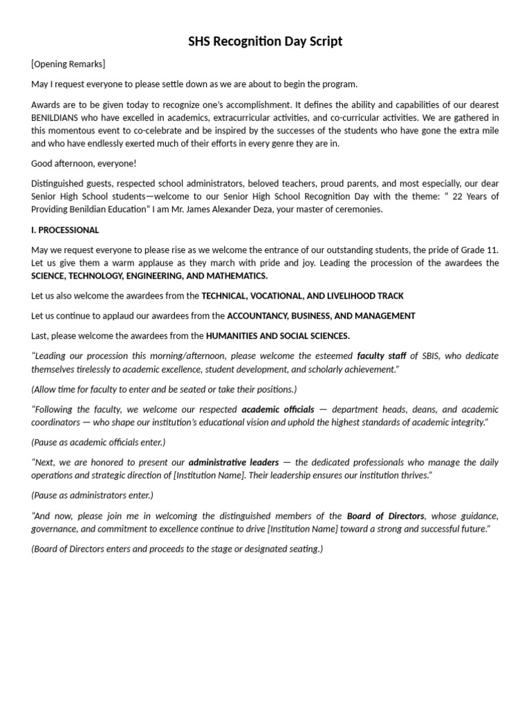 SHS Recognition Day Script | PDF