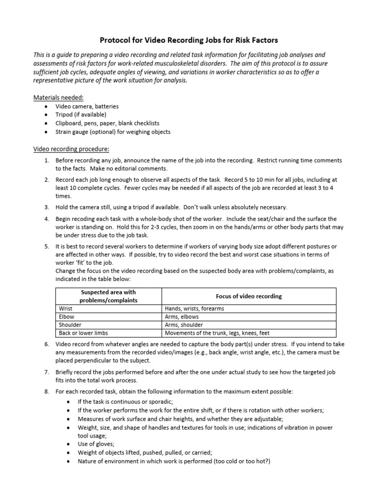 Video Recording Protocol for Job Risk Analysis | PDF | Arm | Elbow