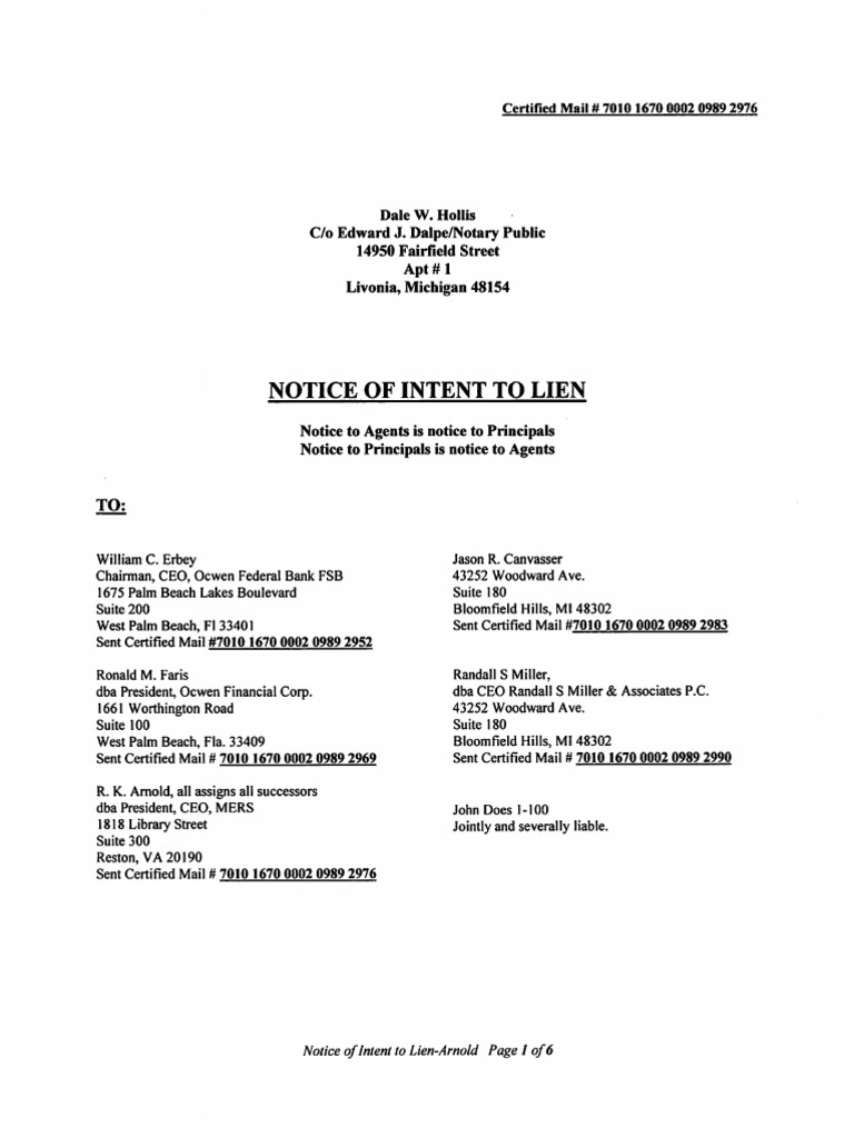 Notice of Intent to Lien