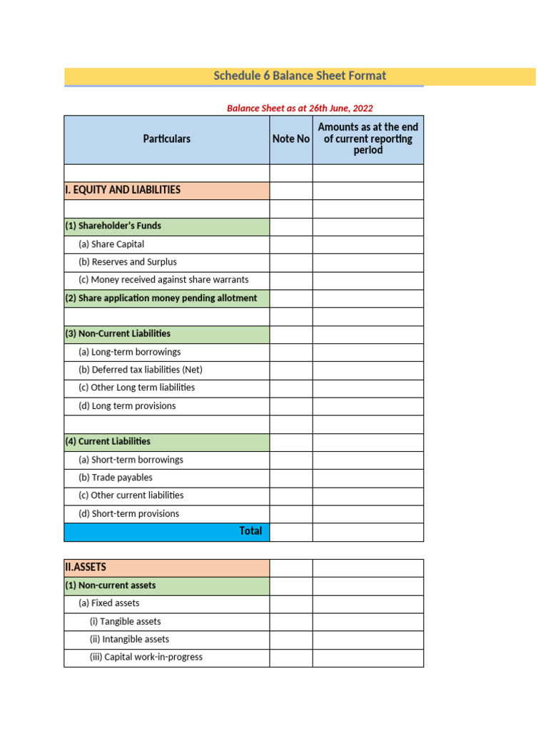 Schedule 6 Balance Sheet Format