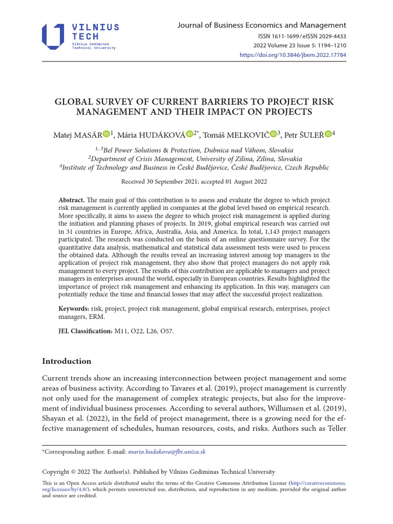Global Survey of Current Barriers To Project Risk Management and Their ...