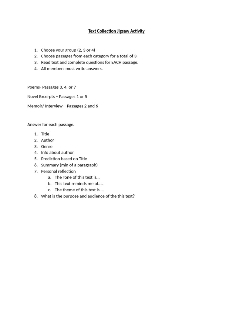 Unit 3 Text Collection Jigsaw Activity | PDF