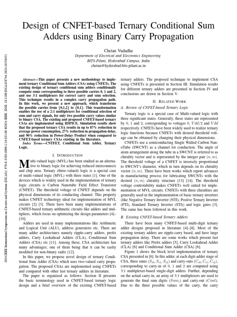 CNFET Ternary Conditional Sum Adder Design | PDF | Computer Engineering ...