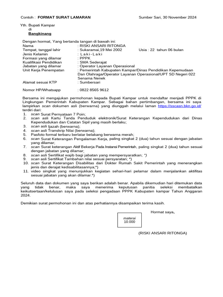 Surat Lamaran PPPK Kabupaten Kampar | PDF