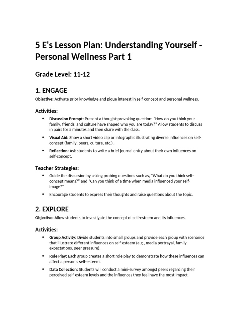 5 E's Lesson Plan on Self-Concept | PDF | Self Concept | Self Esteem