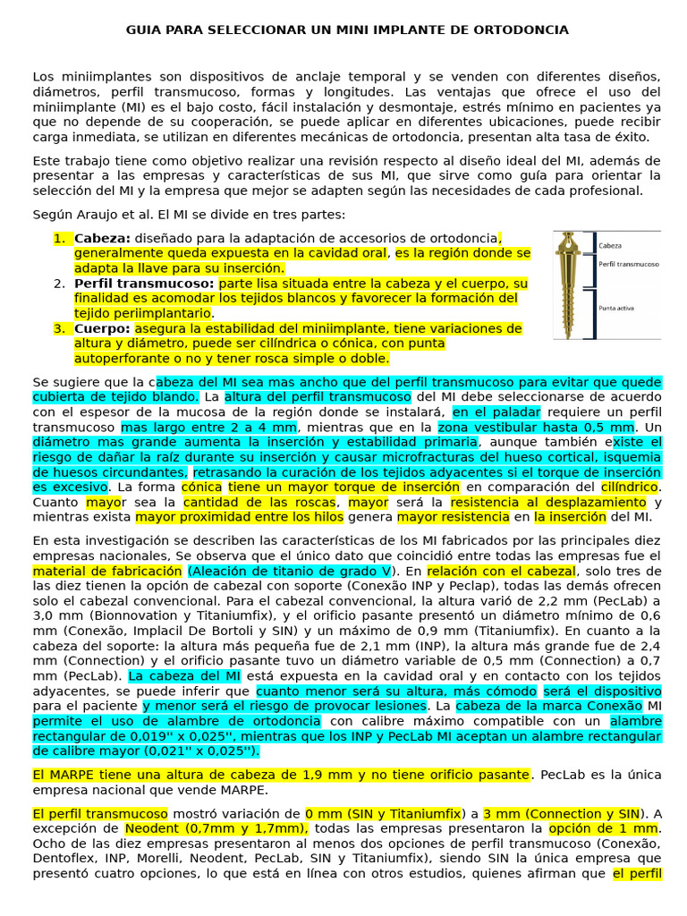 GUIA PARA SELECCIONAR UN MINI IMPLANTE DE ORTODONCIA - Resumen | PDF
