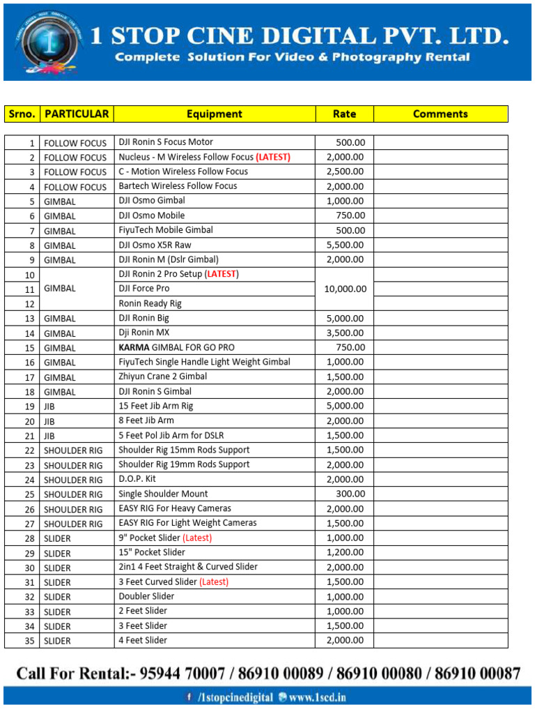 Camera Equipment Rental Rates List | PDF | Tripod (Photography ...
